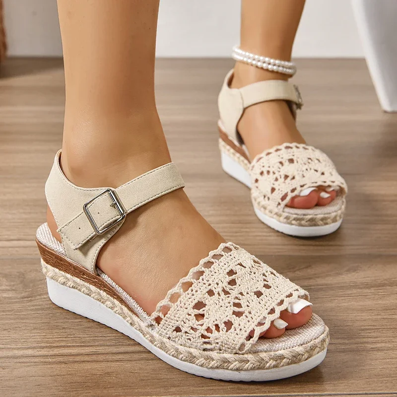 

Hollow Espadrilles Wedge Sandals for Women Summer 2026 Peep Toe Ankle Strap Platform Sandals Woman Thick Sole Casual Beach Shoes