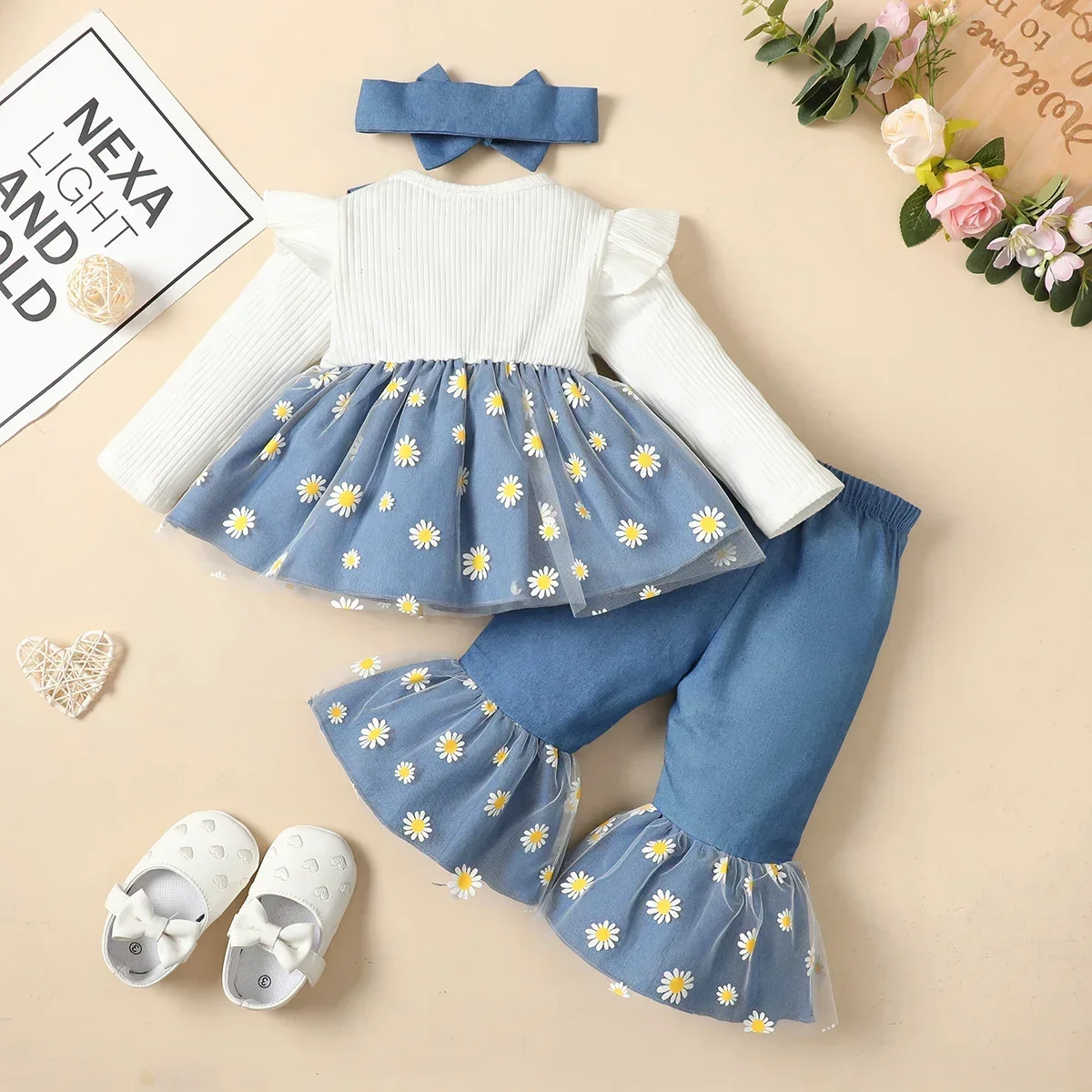 Baby Girl Clothes Set Big Bow Long Sleeve Floral Printed Patchwork Lace Top Flared Trousers Infant Outfits Baby Clothes