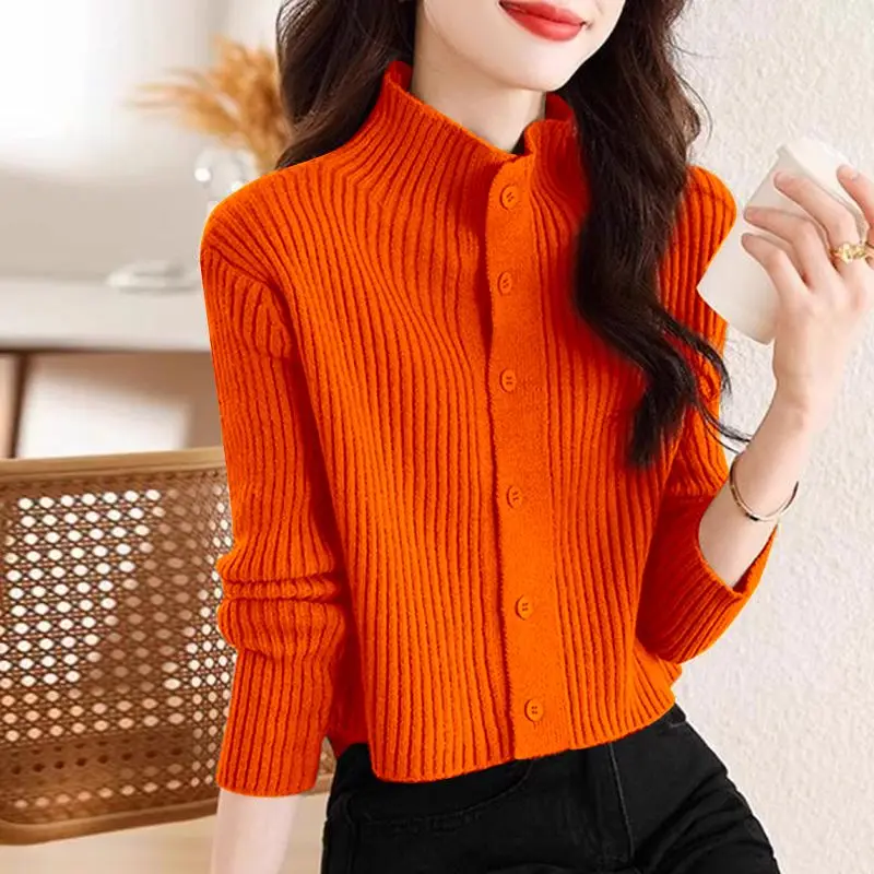 Half High Collar Knitted 2024 New Women\'s Autumn Winter Spliced Button Screw Thread Fashion Solid Color Casual Long Sleeve Tops