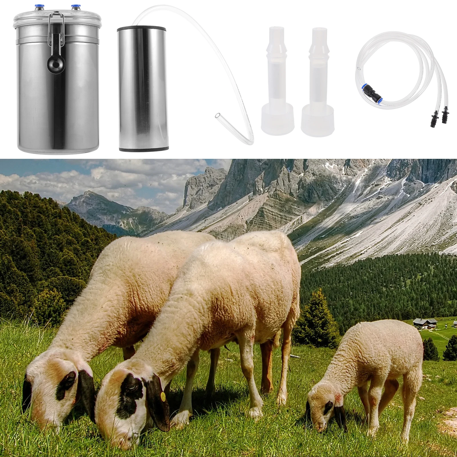 

2L Milking Machine Stainless Steel Bucket Portable Goat Milker Suction Vacuum Pump Household Milker Dairy Farm