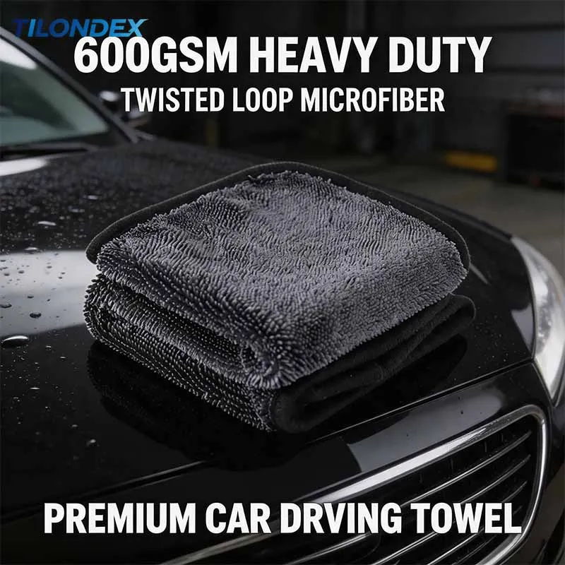 600GSM Twisted Loop Microfiber Car Drying Towel Black Edge Ultra Absorbent Auto Detailing Cloth Double Side Soft Paint Safe Wash