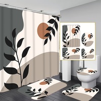 4-piece vintage bamboo leaf print bathroom set, shower curtain, non-slip floor mat, toilet mat, bathroom mat, polyester fabric