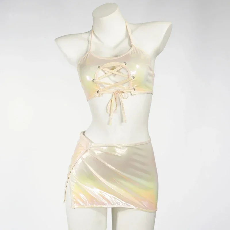 Sexy Open Chest Hollow Bandage Swimsuit Women Laser Two Piece Set Halter Swimwear Anime Cosplay Bikini Maid Nightdress MN5