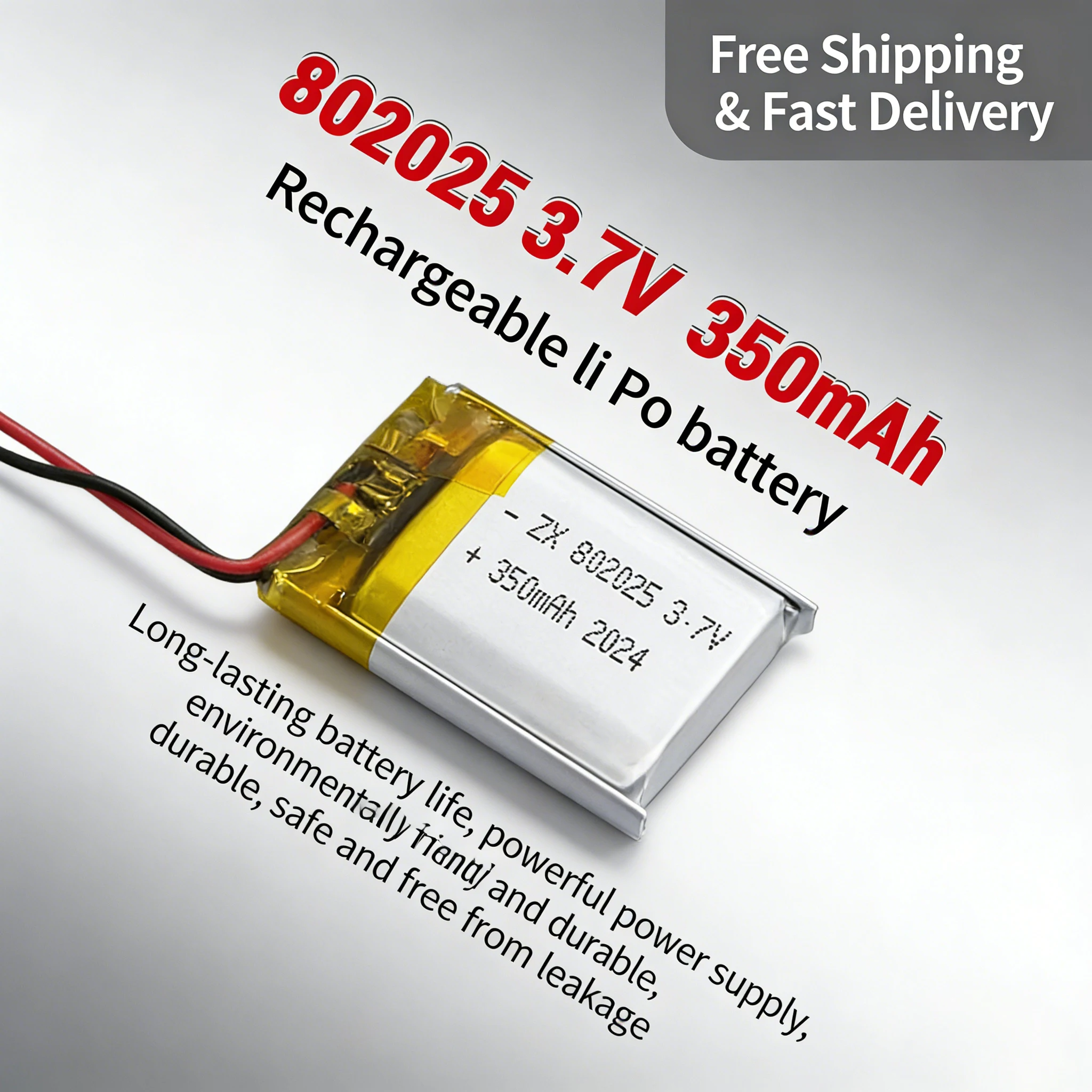 

3.7V 350mAh 802025 Lipo Battery, Rechargeable Lithium Polymer Cell for Smart Band, Bluetooth Headset, GPS, MP3, MP4 Player