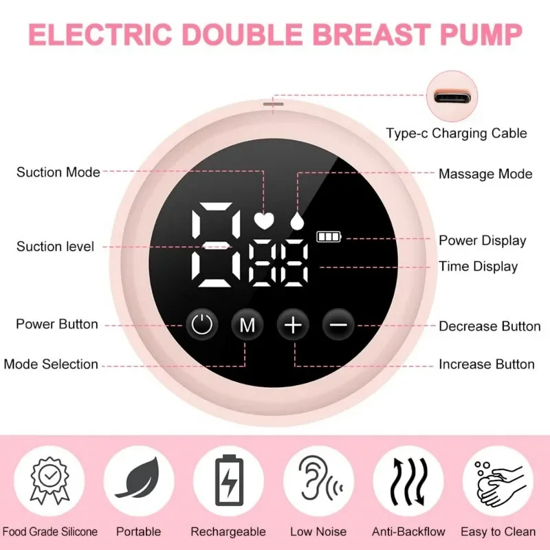 Double Electric Breast Pump Rechargeable Portable Breast Pump Painless Breast Pump with LCD Display Mute Postpartum Lactation