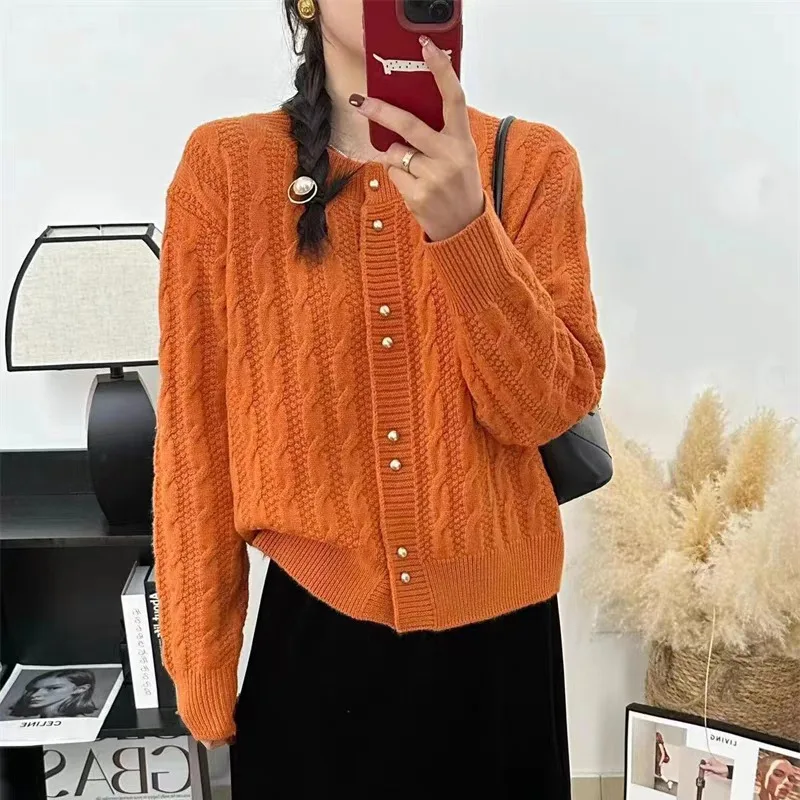 2025 Vintage Autumn Winter Dough Twists Gold Button Sweater Delicate Gentle Women Cardigan Fashion Solid Loose Warm Knit Coat