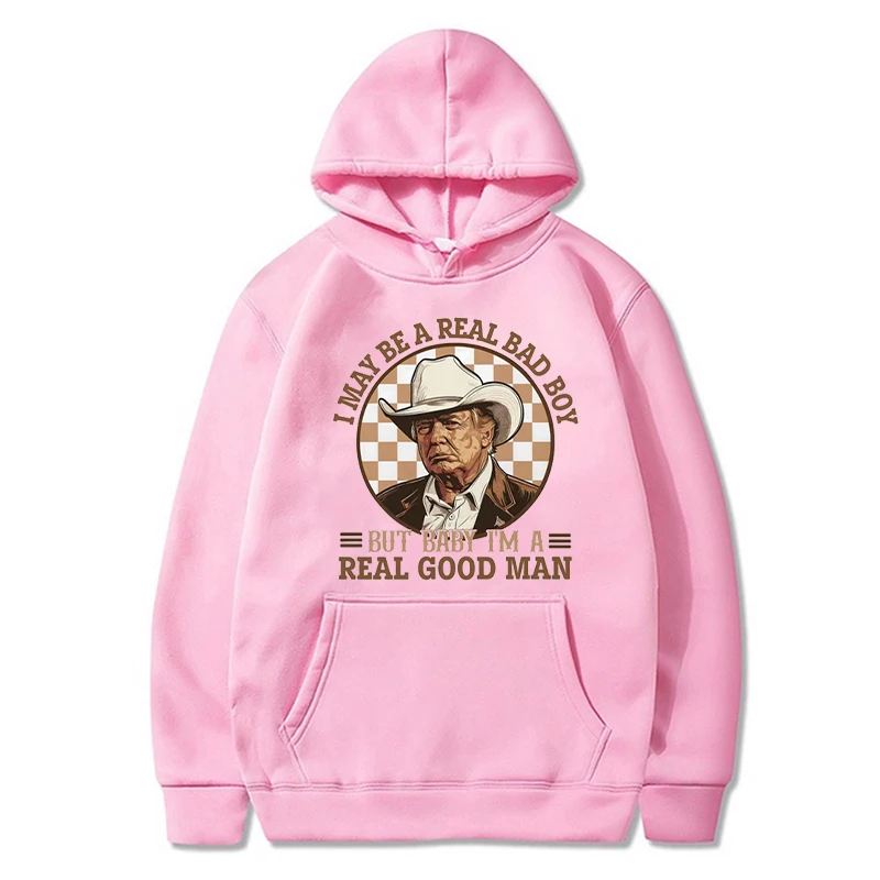 Trump I May Be A Real Bad Boy แต่ Baby I'm A Real Good Man เสื้อกันหนาวที่น่าสนใจ Retro 80s Denim สไตล์ Hoodie