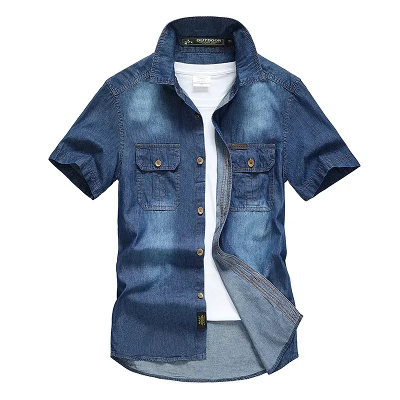 GL Men's Summer Short Sleeve Denim Double Pocket Solid Casual Cowboy Jeans Men Designer Blue Blouse Shirts M-5XL