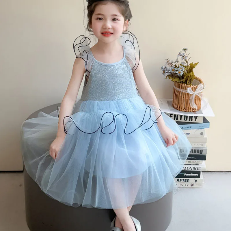 Vestido de Tule Azul Claro com Lantejoulas para Meninas, Vestido de Princesa Sem Mangas para Casamento, Festa de Aniversário, Saia Estilo Verão