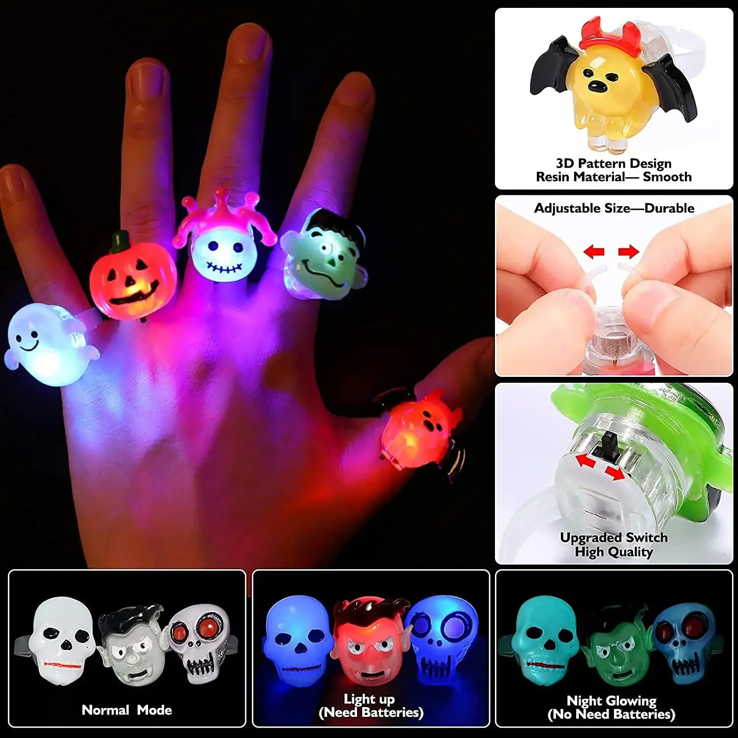 2024 Set LED Luminous Halloween Rings Creative Pumpkin Ghost Skull Glowing in Dark Finger Rings Jewelry Kids Toys Party Decor