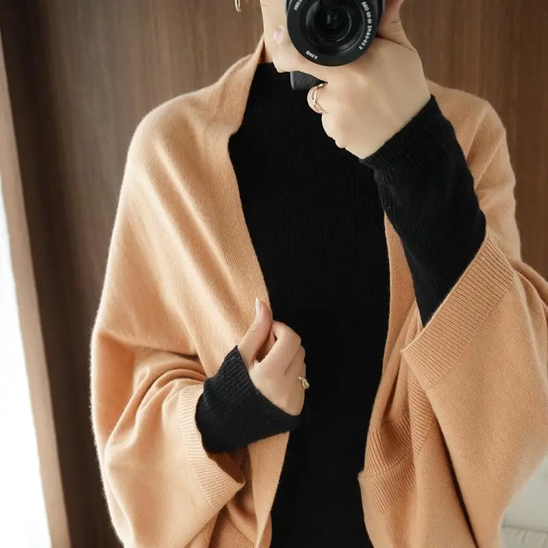 

Spring Autumn Wool Knitted Shoulder Wrap Women's Loose Large Size Sweater Outerwear Cardigan Cashmere Shawl Cloak Coat