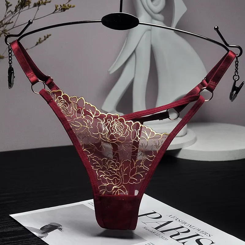 Sexy Lace Embroidery Thongs Women G strings Panties Transparent Mesh Underwear Ladies Briefs Adjustable Waist Culotte female image 3