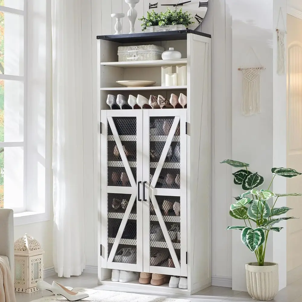

72 Rustic Wooden Shoe Cabinet with Mesh Door and Adjustable Shelves for Large Storage