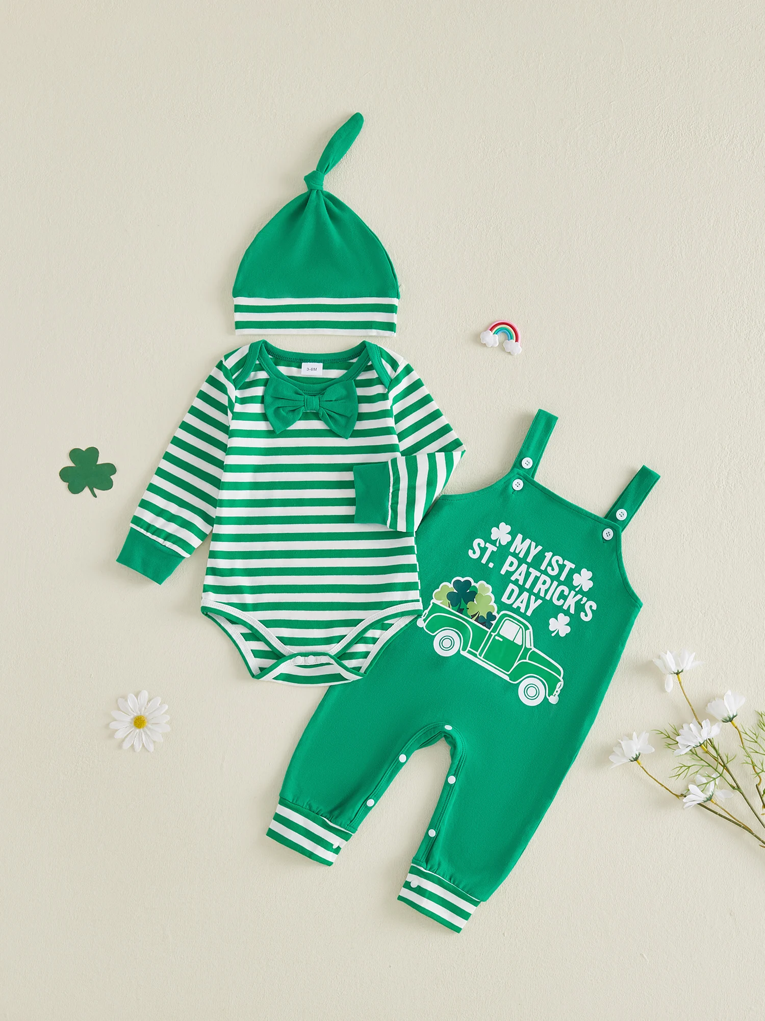 

Stylish Irish Festival Toddler Boy 3 Piece Set with Adorable Long Sleeve Striped Jumpsuit Overalls and Matching Hat for a