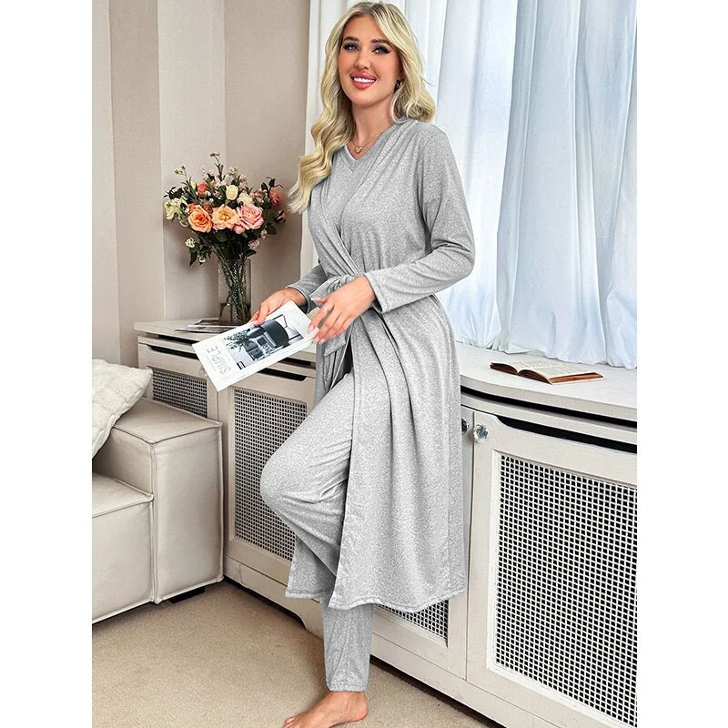 

Pure Color Knitted Cotton ort Sve Long Pants Spwear Robe Set for Women Home Comfortable Clothing