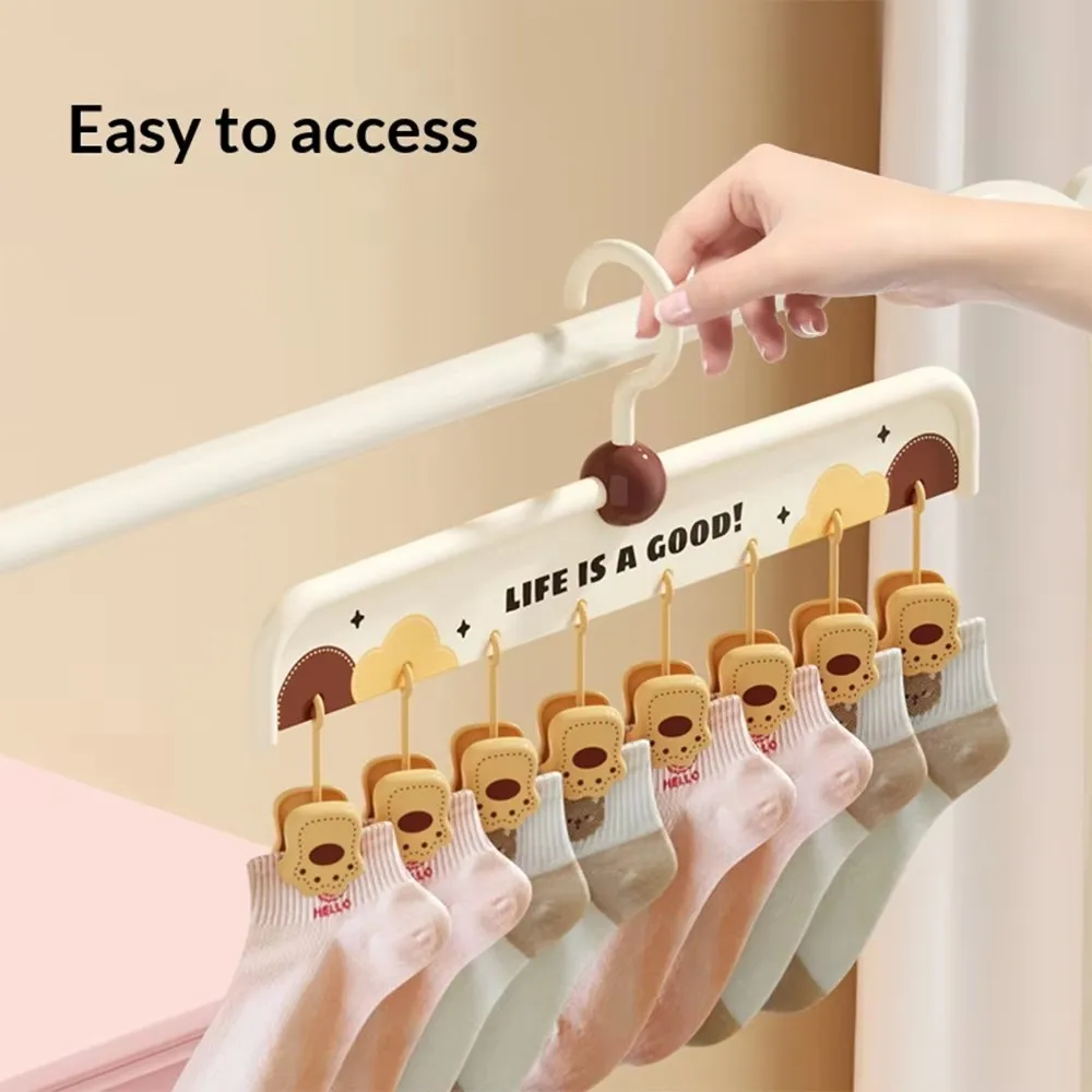 Cute Cartoon Bear 8-Clip Hanger Windproof Strong Grip Sock Underwear Drying Rack Space Saving Laundry Organizer