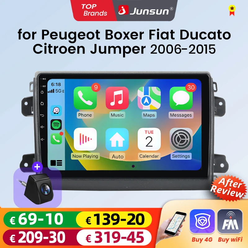 Junsun Android Auto Autoradio für Fiat Ducato Peugeot Boxer 2 Citroen Jumper 2 2006-2015 GPS Multimedia Wireless CarPlay