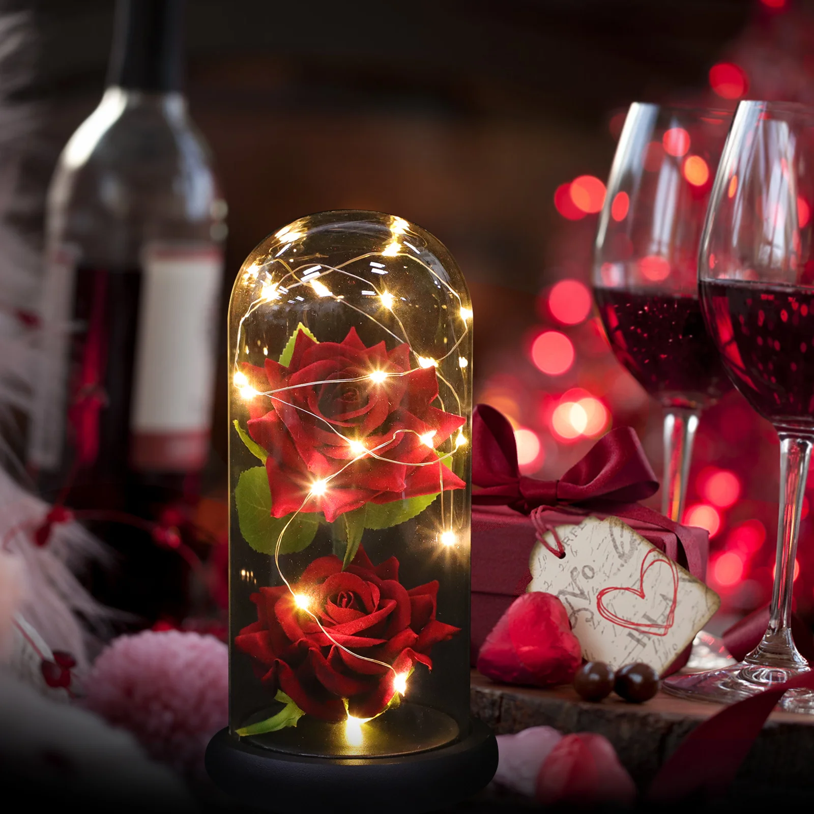

Exquisite Artificial Rose Inside Glass Cover Glowing Flower Lamp for Holiday Party Decoration Gift Rose in Glass Dome