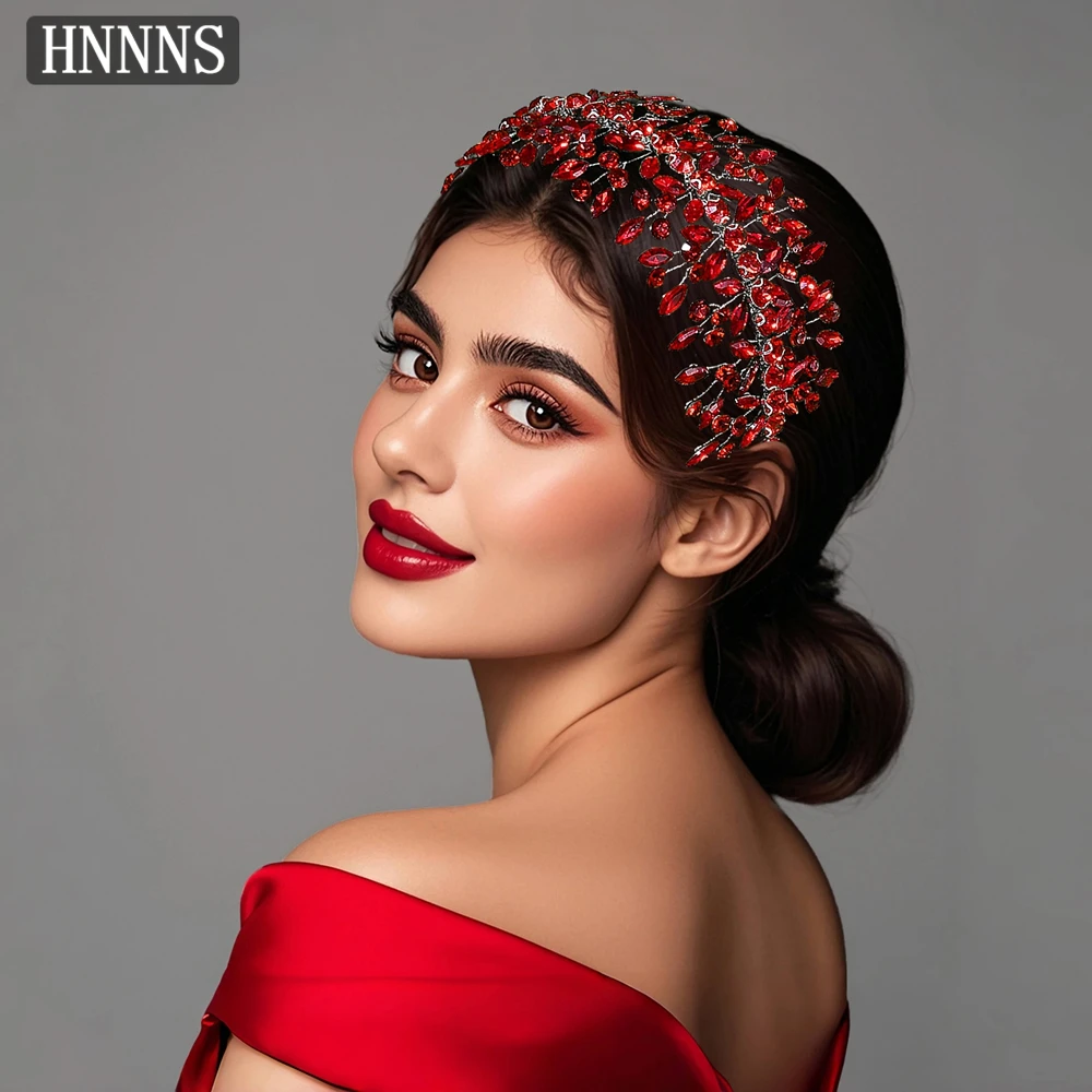 

HNNNS Luxury Bridal Hair Accessories Red Rhinestone Headband Elegant Headpiece Hair Hoop Wedding Party Hair Ornament A287