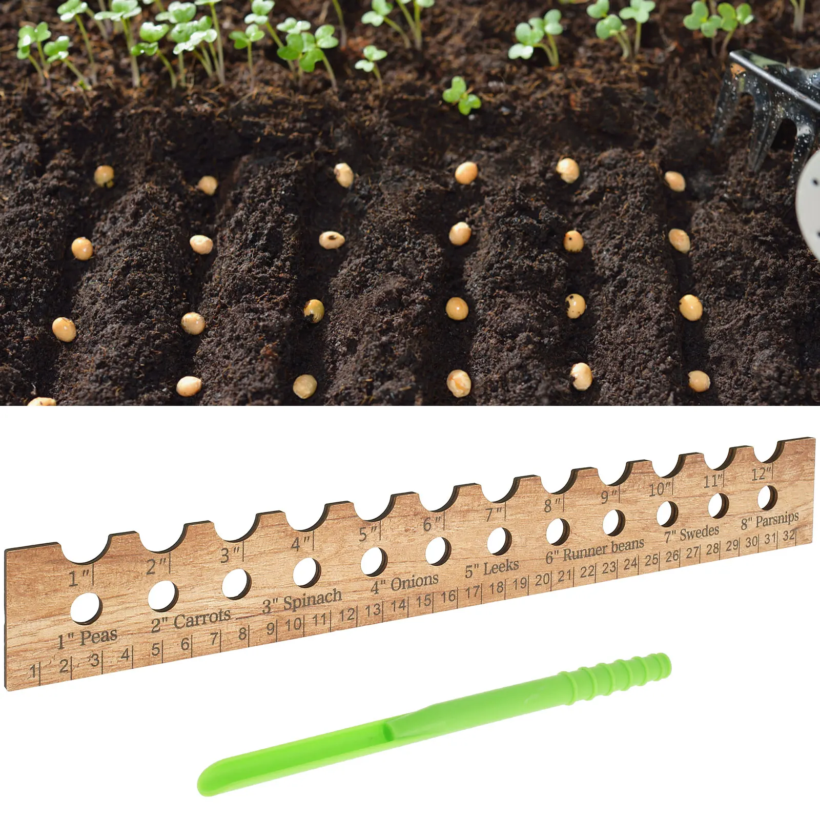 Seed Ruler and Dibber Wooden Seed Spacing Ruler with Holes Plastic Seeding Dibber Practical Planting Ruler with Inch and