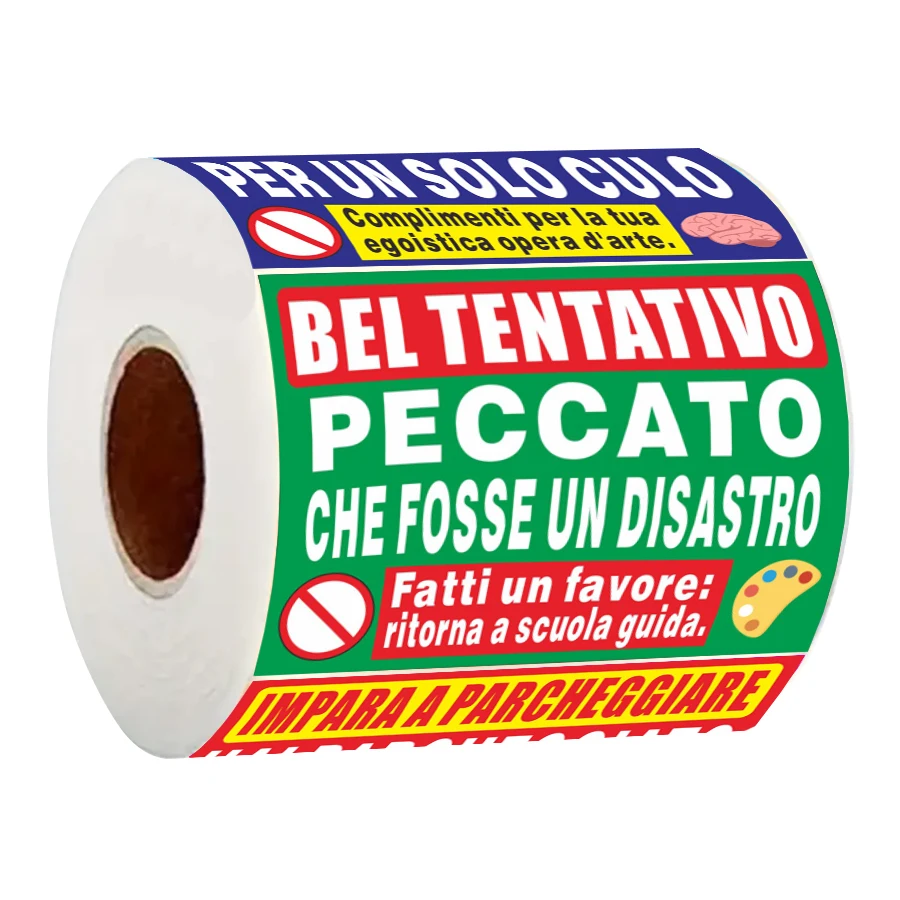Rotolo di adesivi di avvertimento di parcheggio divertenti italiani da 150 pezzi - 5 disegni, umoristici autoadesivi senza etichette di parcheggio
