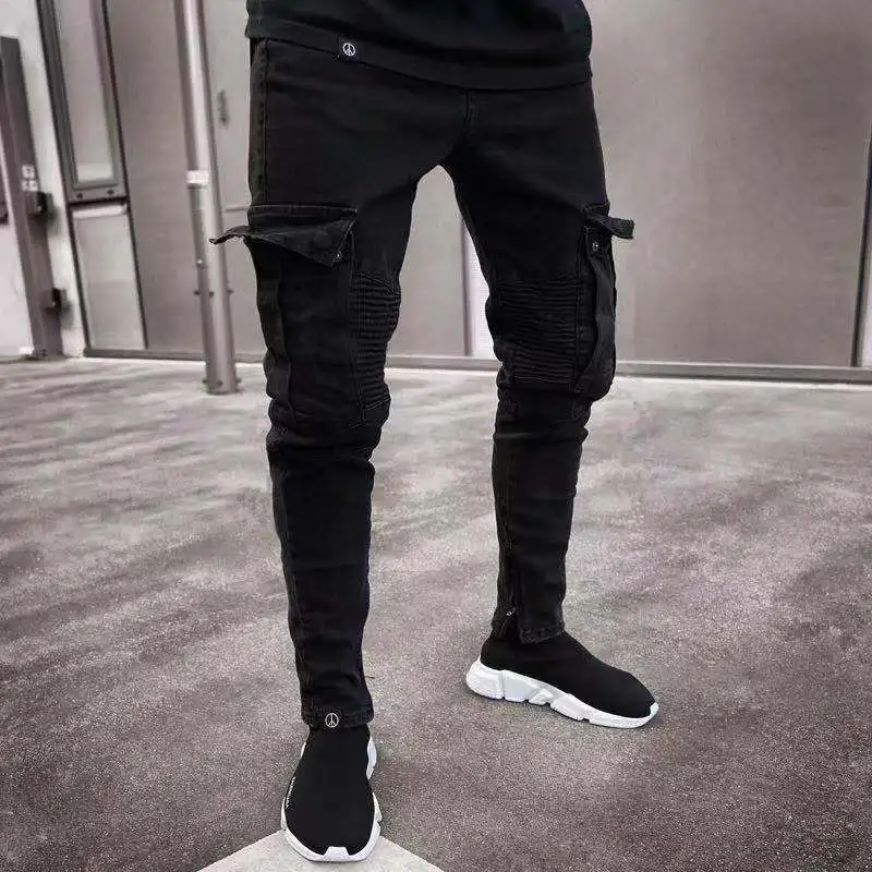 Pantalones vaqueros de moda para hombre, ropa de trabajo informal con múltiples bolsillos, pantalones Cargo elásticos ajustados de Hip Hop para