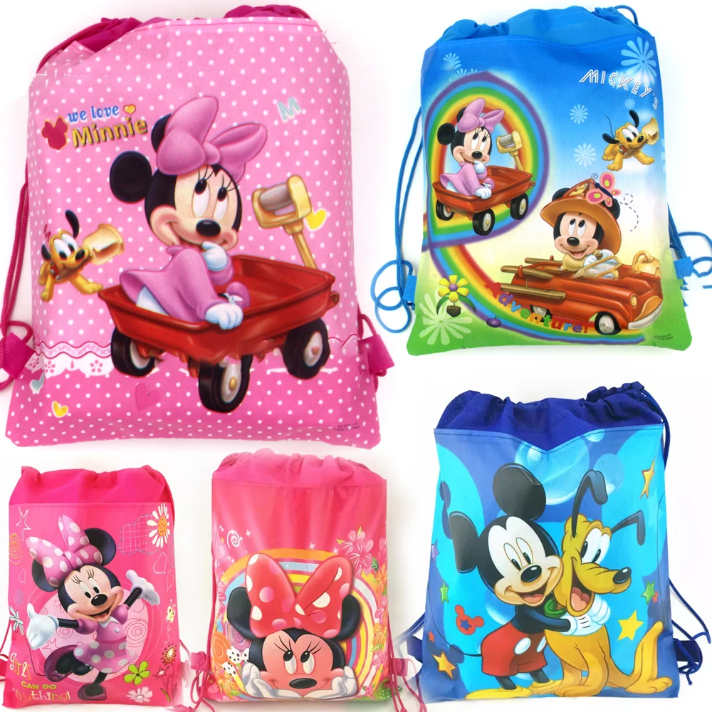Mickey Minnie Mouse tema niños favores mochila fiesta de cumpleaños decorar telas no tejidas bolsa de regalos con cordón 12 unids/lote