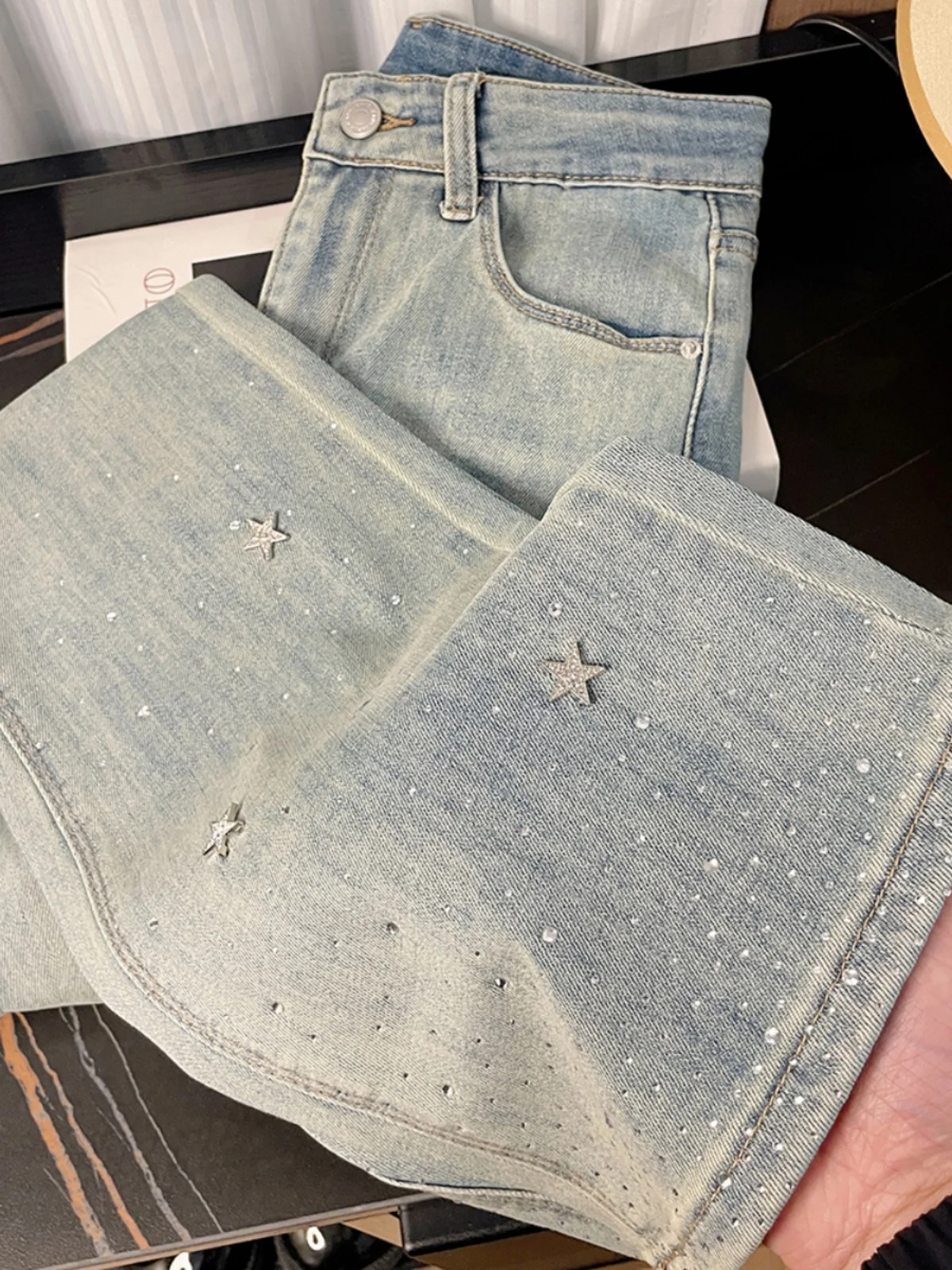 

Light Blue Star Rhinestone Straight Leg Jeans Women's New Design Spring Elastic Slimming Flared Pants High Waist Long Pants