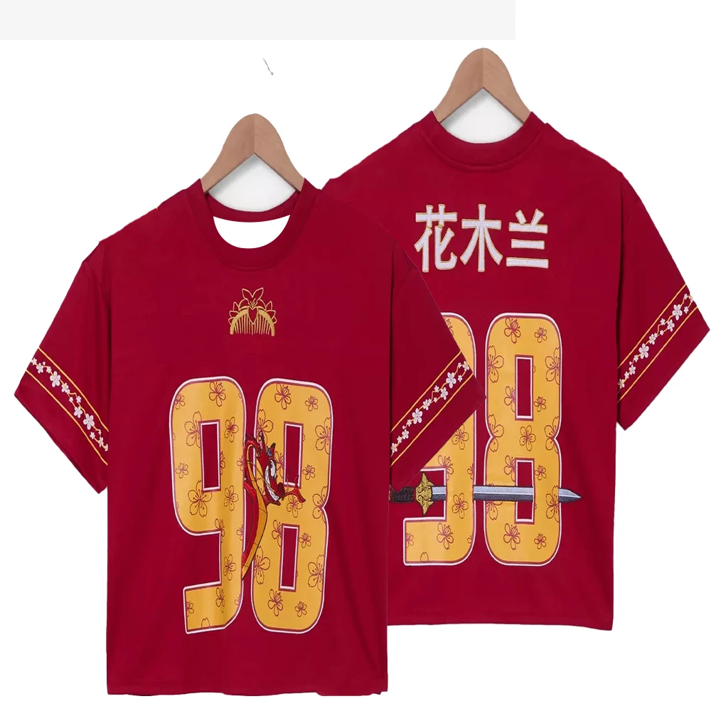 

Футболка с рисунком Мулан, унисекс, оверсайз, бордовый трикотаж, стиль «Мульлан», номер 98, повседневная модная повседневная одежда с короткими рукавами, топы