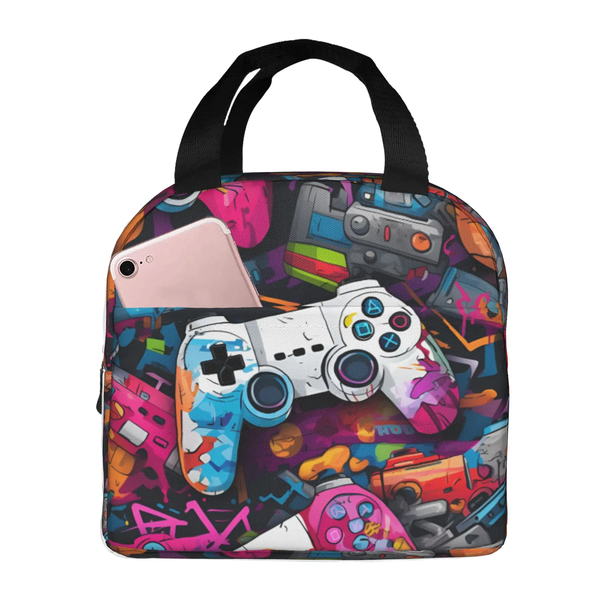 Game Controller Thermal Insulated Lunch Bag Women Fashionable Pattern Portable Lunch Tote for Outdoor Picnic Storage Food Box