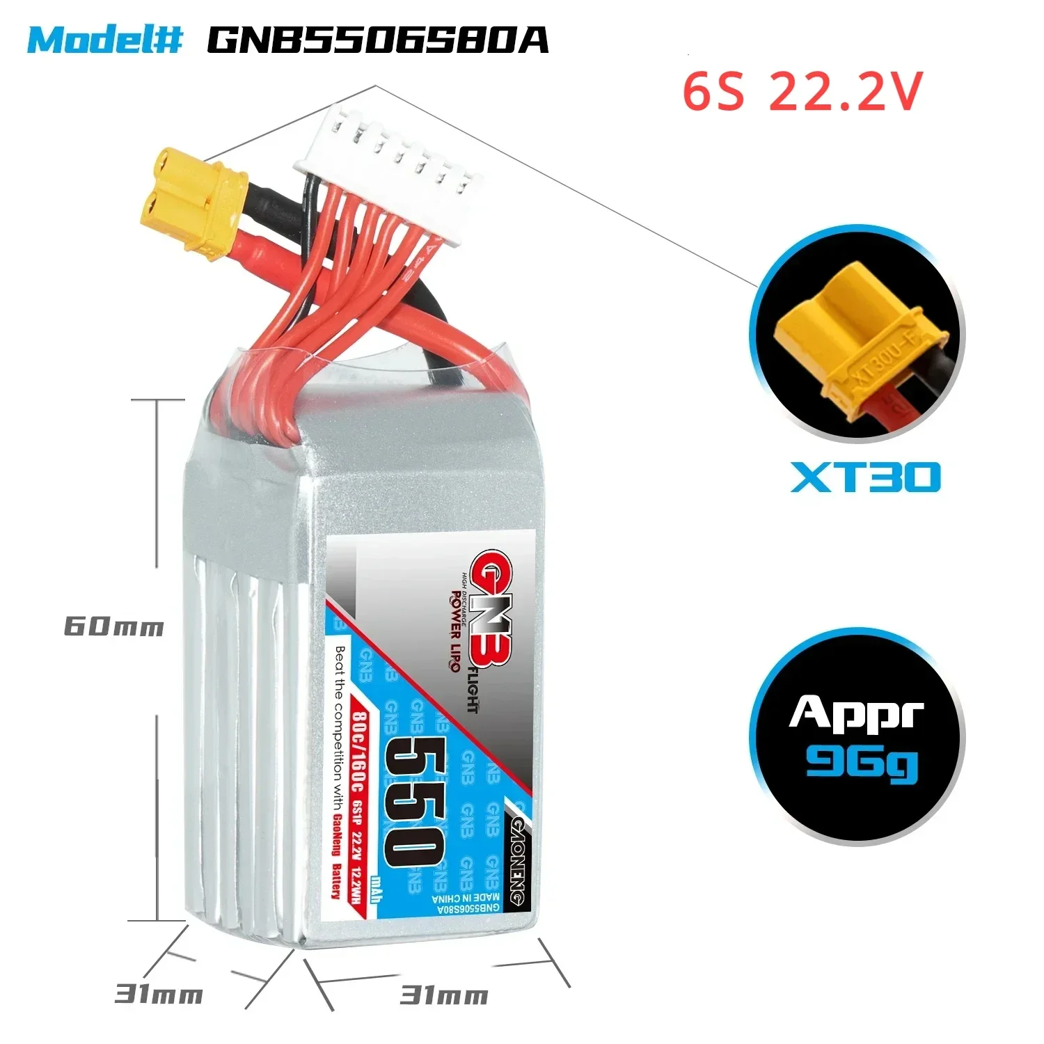 GAONENG GNB 550mAh 80C/160C 2S/3S/4S/6S 7.4V/11.1V/14.8V/22.2V Lipo Batteria XT30 Connettore Per FPV Racing Drone parti RC