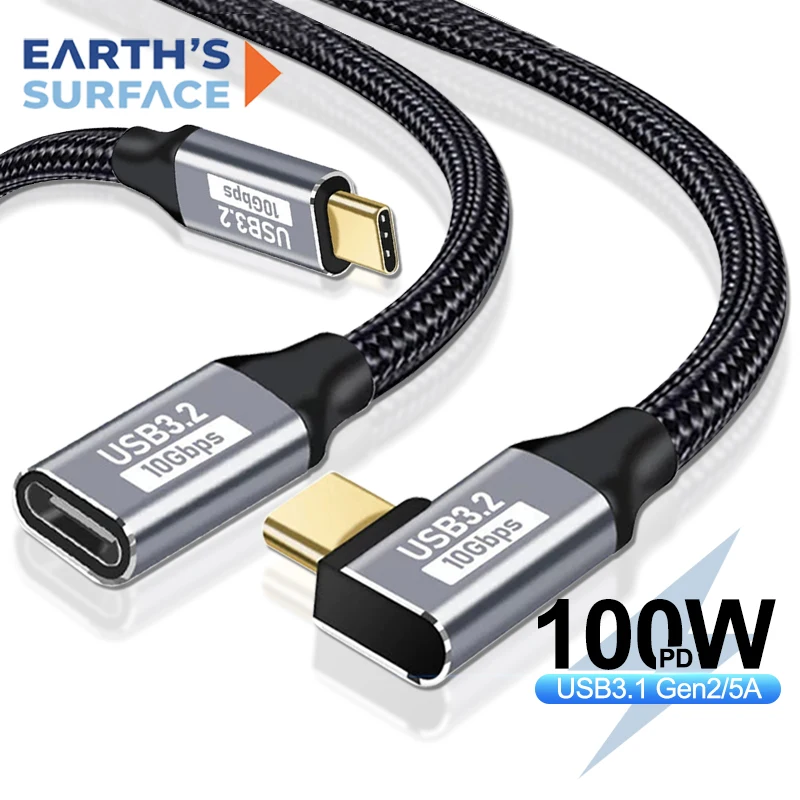 PD 100W USB Type C Fast Charging Cable Male to Female 90 Angle 5A USB C 3.1 Gen2 Extension Cord 10Gbps USB C Extender Data Cable