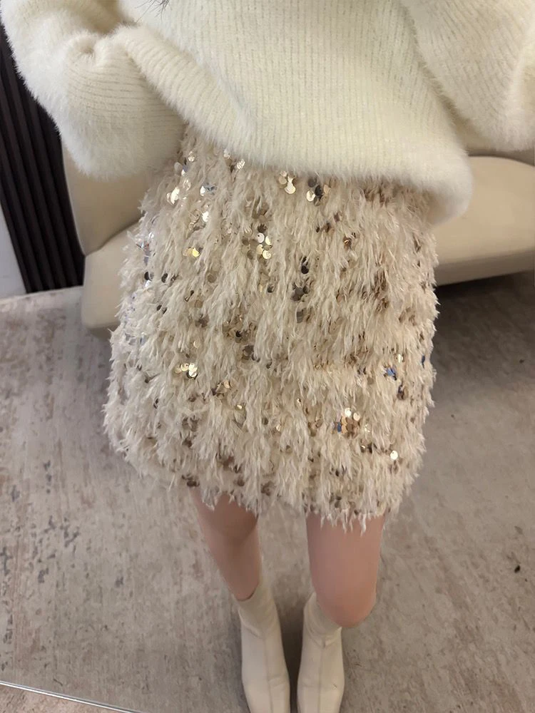 Women\'s Y2K Shiny Sequined Skirt Autumn Feather Casual Elastic Short Mini A-line Skirts For Club Streetwear