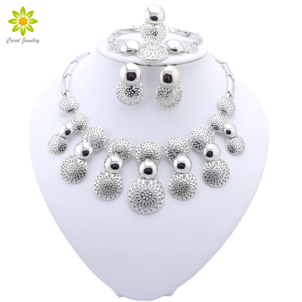 Fine Jewelry Sets Silver Color Hollow Out Alloy Necklace Earrings Bracelet Ring Set Classic African Costume Bridal Jewelry Set