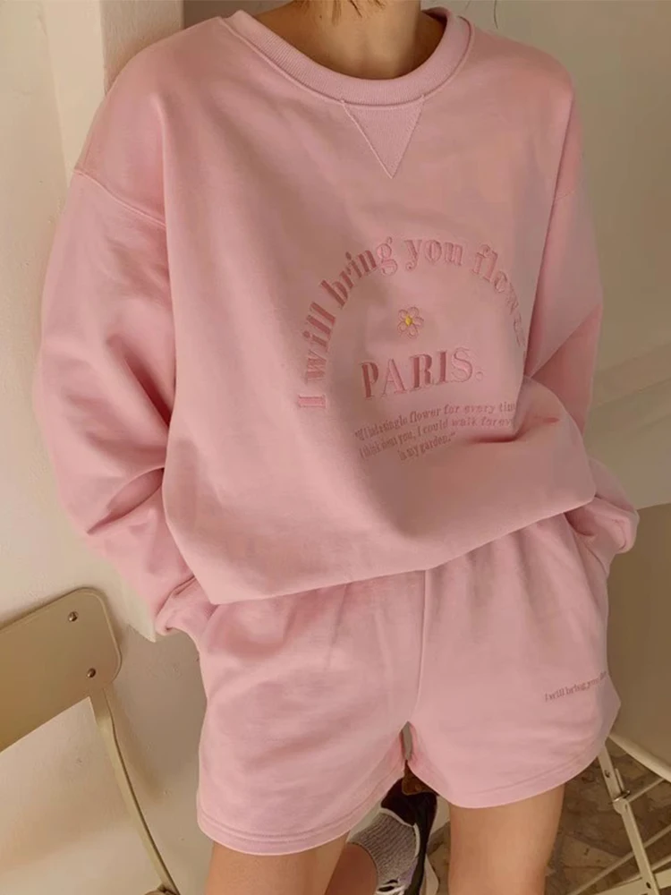 Ele automne longue Sve lettre brodée impression sweat taille haute jambe large pantalons décontractés ensemble orts pour les jeunes femmes