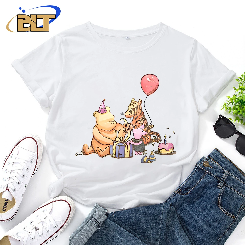 Camiseta con estampado de Winnie The Pooh para mujer, Tops informales, manga corta de algodón blanco