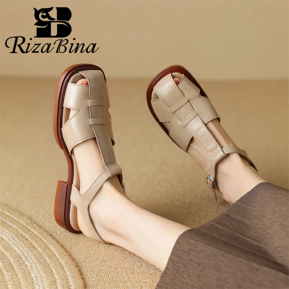 RIZABINA Vintage Sandals For Women Genuine Leather Low Heel Closed Toe Summer Slingback Shoes Ladies T-tied Office Casual Pumps