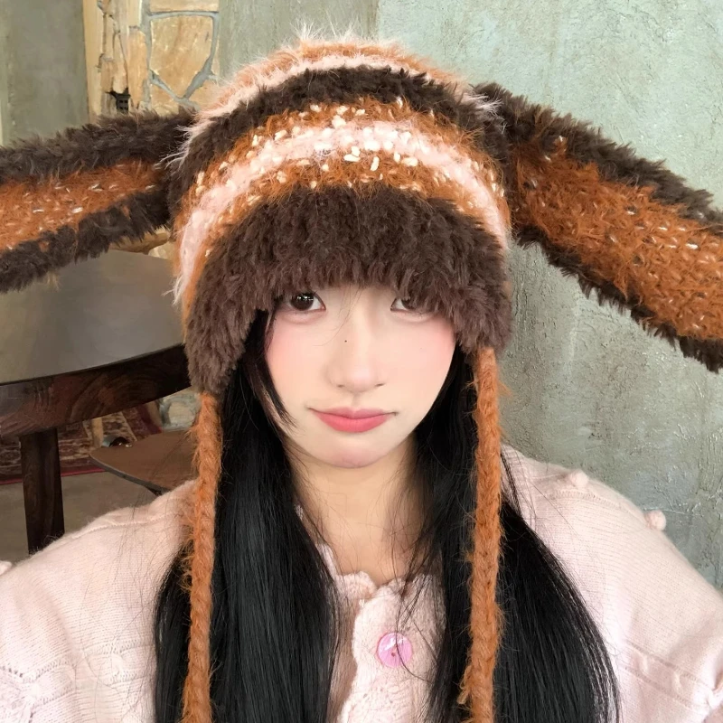 جديد Y2K مضحك آذان أرنب أفخم بيني للنساء الخريف الشتاء الدافئة تنوعا المتناقضة اللون مخطط بلوفر مغزول القبعات