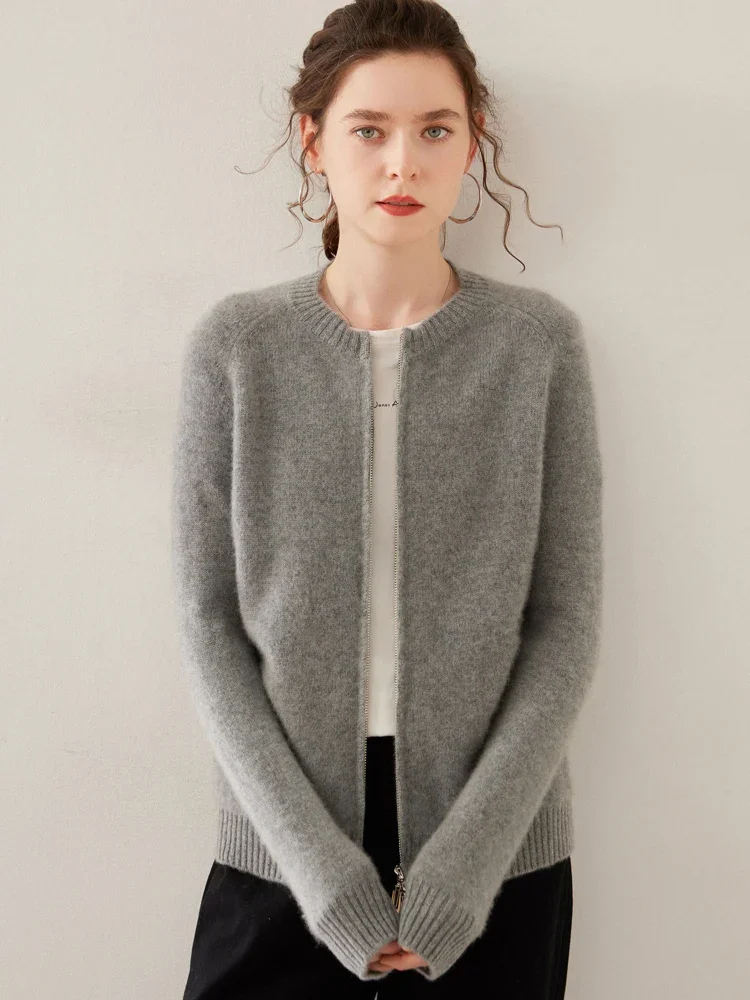 

Женский кардиган с круглым вырезом, свитер из 100% мериносовой шерсти, осень-зима, плотный мягкий кашемировый трикотаж, популярная корейская верхняя одежда на молнии
