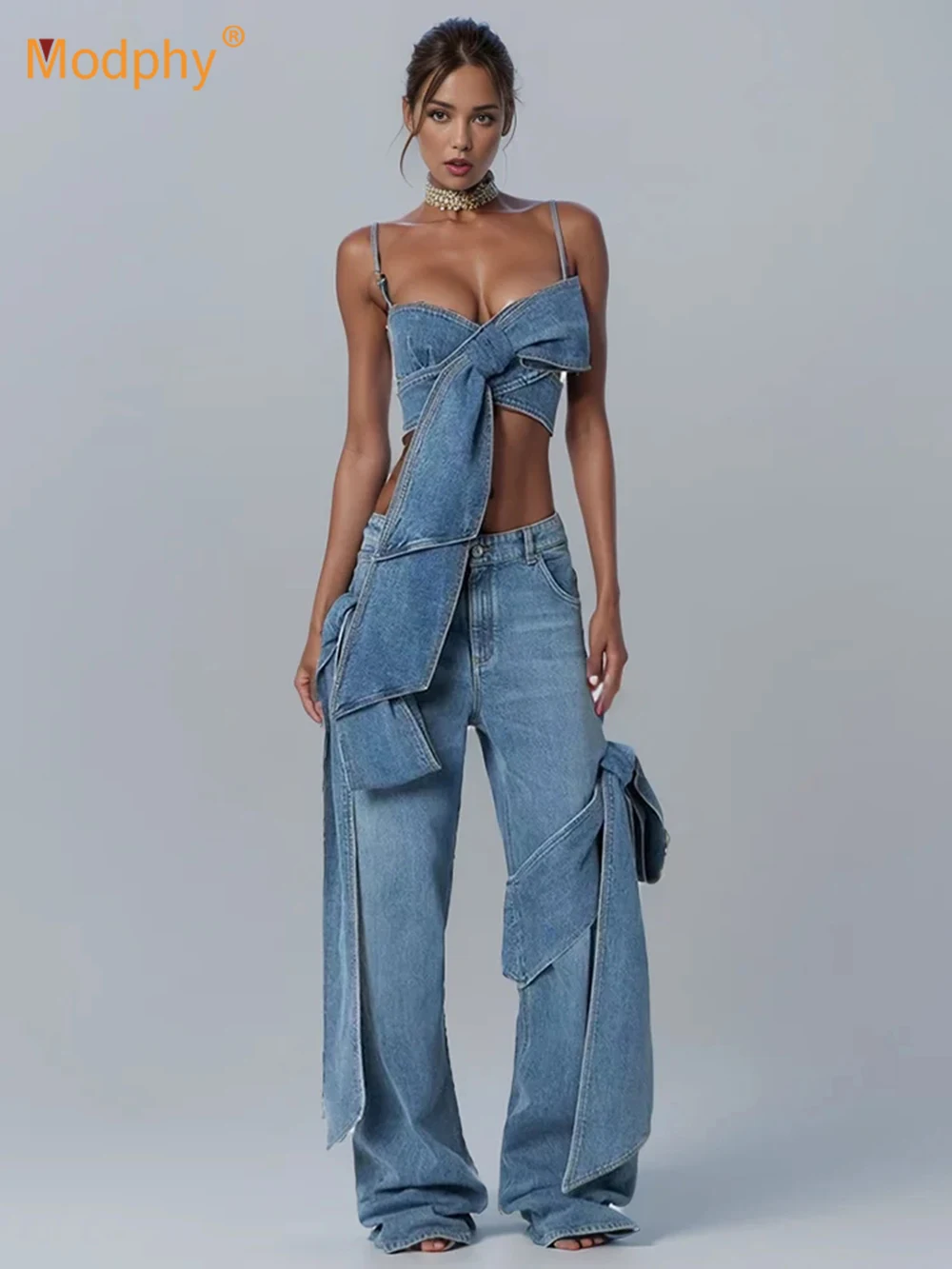 

Women's Bows Cross Bandage Denim Crop Top Camis High Waist Wide Leg Straight Streetwear Jeans two pieces set Summer 2024 New