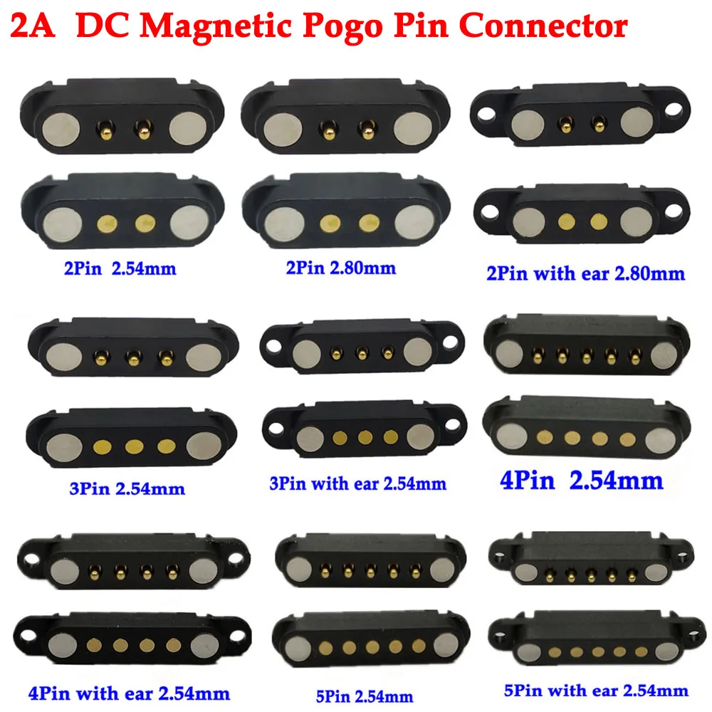 1Pair 2Pin/5Pin With Ears Waterproof Magnetic Pogo Pin Connector Pogopin Male Female 2.54mm 2.8mm Spring Loaded DC Power Socket