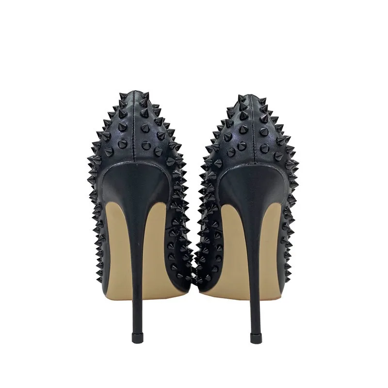 Black Spikes Women Pointed Toe Stilettos Sexy High Heels Rivets Ladies Slip-on Pumps Night Club Shoes 12/10/8cm Optional