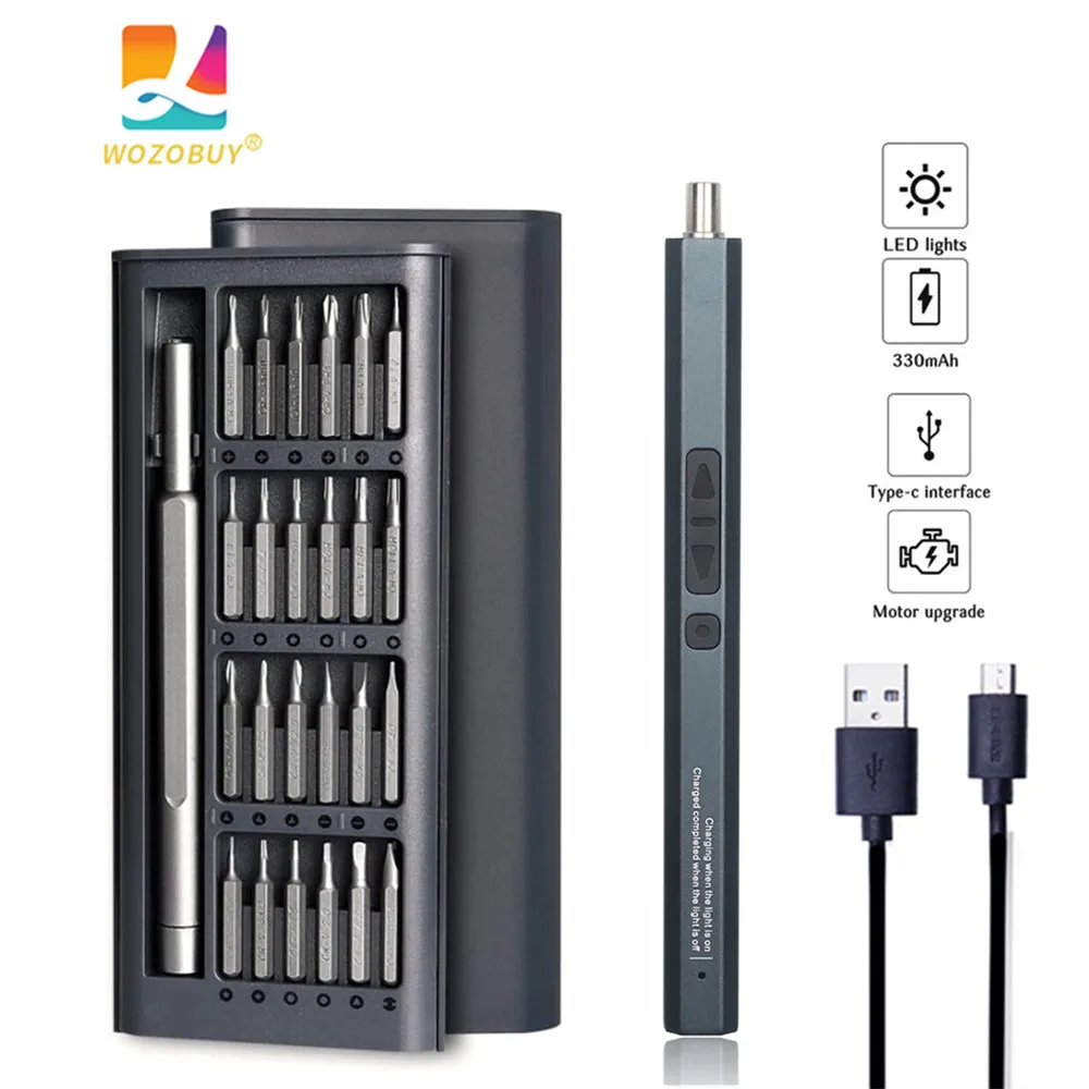 Wozobuy chave de fenda elétrica, usb tipo-c recarregável chave de fenda de energia de precisão magnética conjunto kit de ferramentas de reparo para