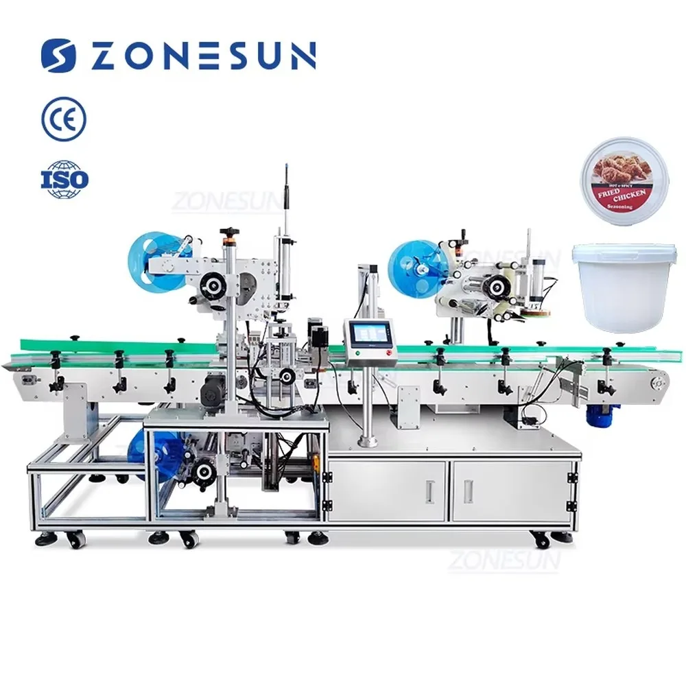 ZONESUN ZS-TB822Q Automatic Flat Top Bottom Labeling Machine Vertical Self-adhesive Label Applicator for Bucket Bottle