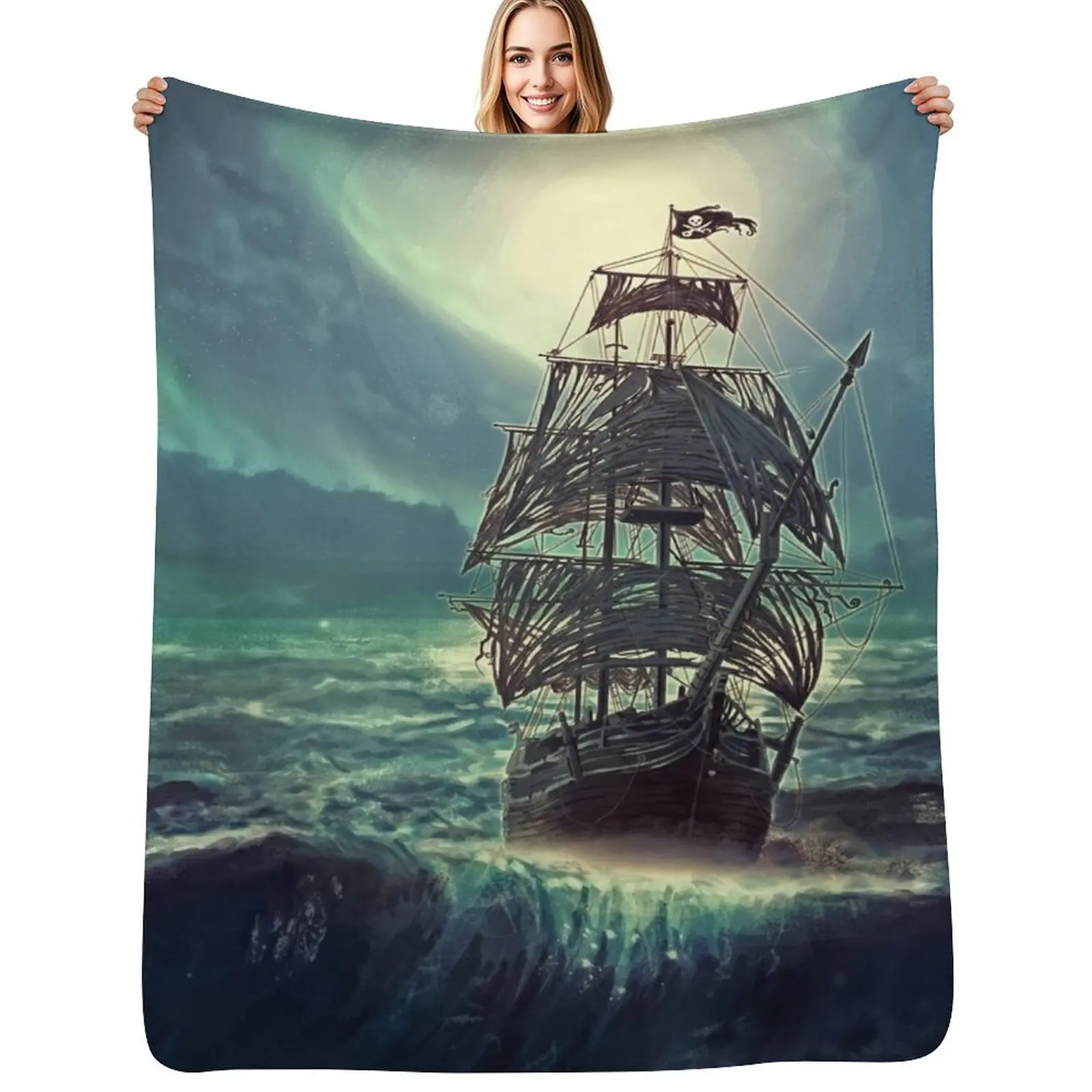 

Ghost Pirate Ship at Night Throw Blanket Reusable Durable Soft Blanket for All Seasons
