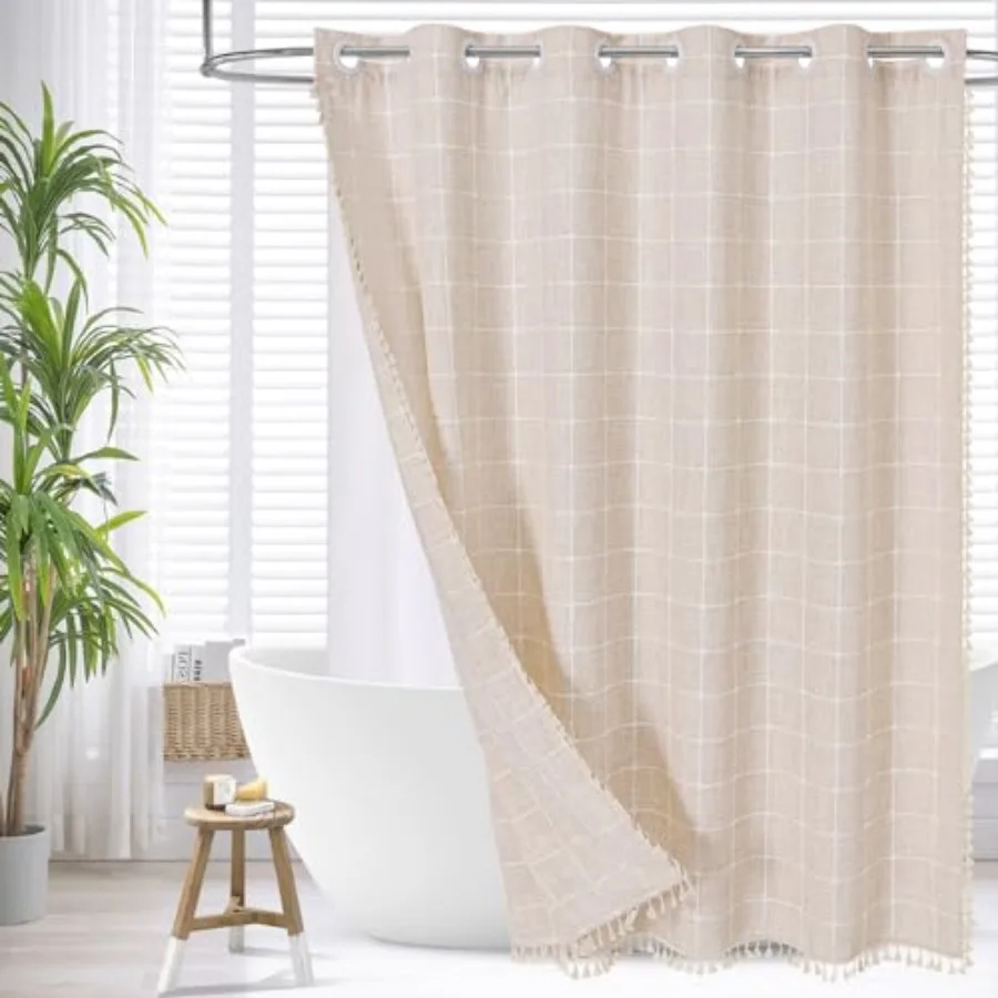 

No Hooks Needed Boho Farmhouse Shower Curtain with Snap-in Liner, Cotton Linen Fabric Shower Curtains with Tassels for Rustic N