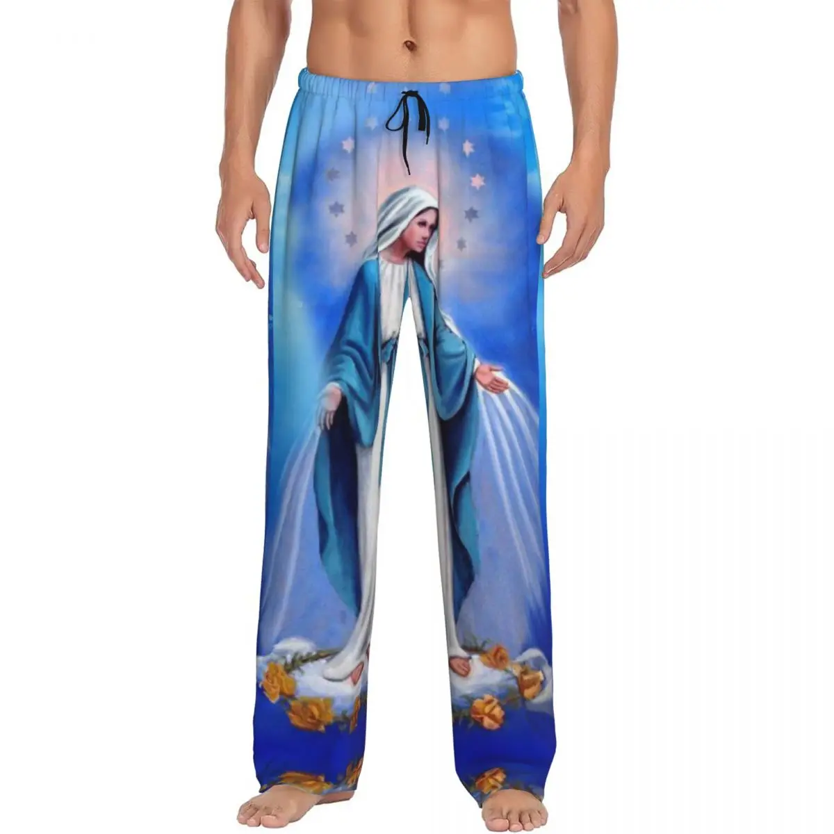 Custom Catholic Virgin Mary Pajama Pants Sleepwear for Men Elastic Waistband Our Lady of Fatima Sleep Lounge Bottoms  Pockets