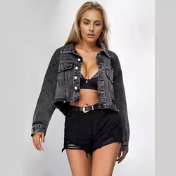 Women's Autumn New Denim Jacket Tops Fashion Personality Broken Hole Lapel Long Sleeve Single Breasted Cowboy Short Jacket Y2k