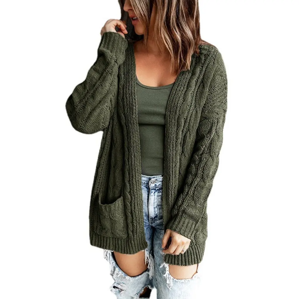 

Women's Mid-Length Twist Knitted Cardigan Jacket with Flap Pocket Solid Color Sweater for Autumn Winter European American Style