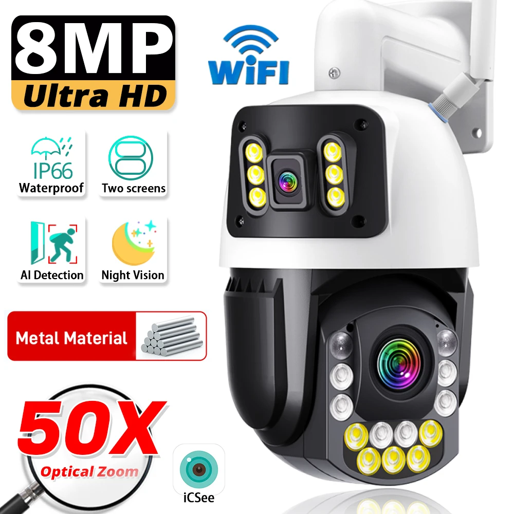 Optical PTZ 50X WiFi Surveillance Camera 8MP 4K Two Screen Metal Shell Outdoor Wireless 360° Security IP Camera Smart Home iCSee